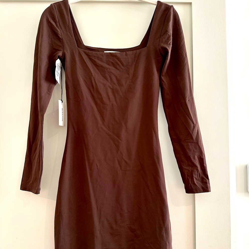 NEW Babaton Women's Contour Squareneck Longsleeve Mini Dress in Coffee Bean